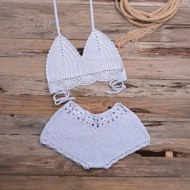 Sexy Hollow Out Knitted Crochet Swimsuit Solid High Waist Women's Bikini