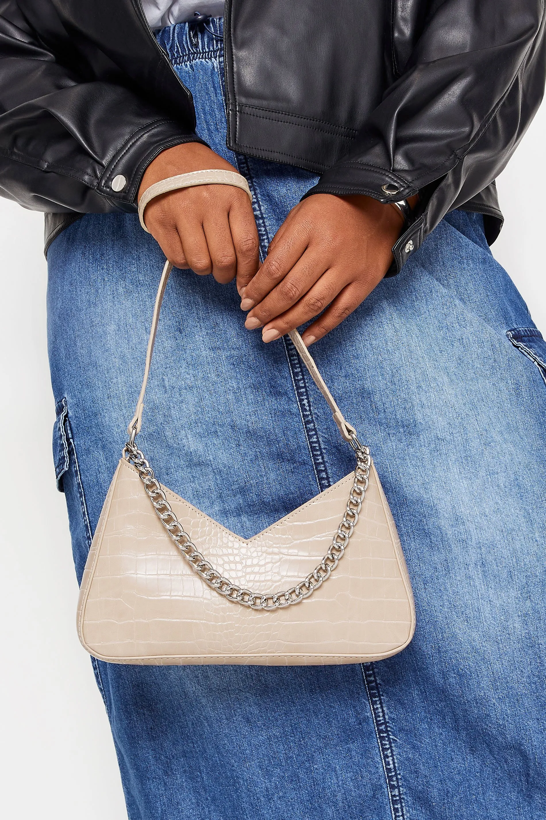 Stone Brown Chain Detail Shoulder Bag