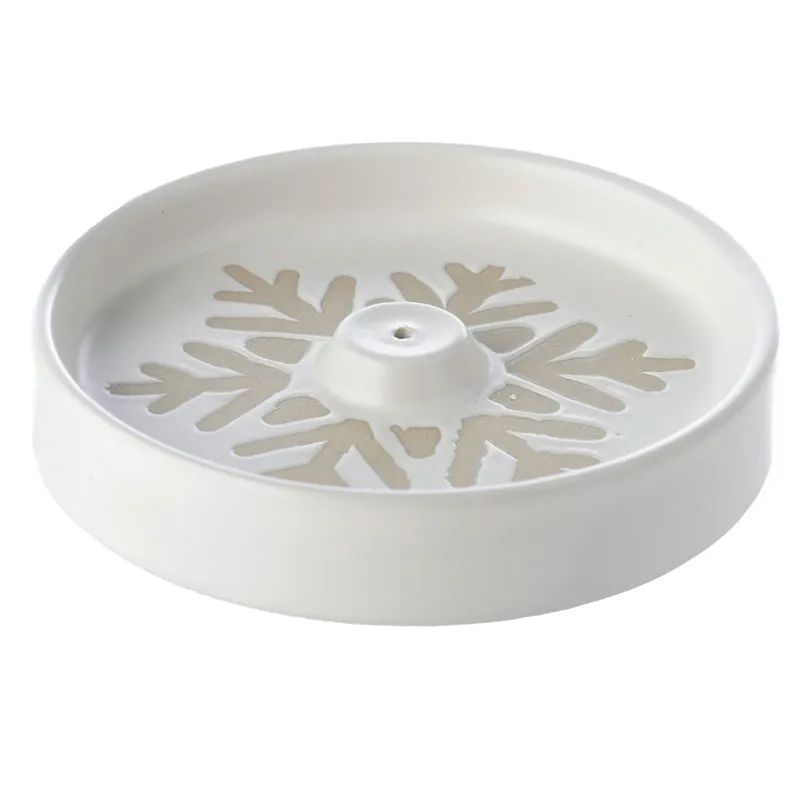 Stoneware Ashcatcher Incense Sticks & Cones Burner Dish - Christmas Snowflake White Glaze Relief  XINC836