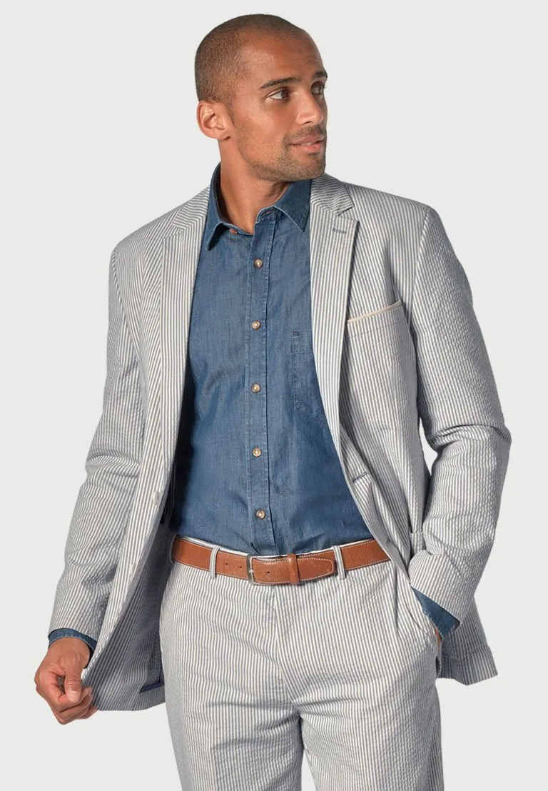 Tailored Fit Drewett Blue Stripe Cotton Stretch Seersucker Shorts Suit