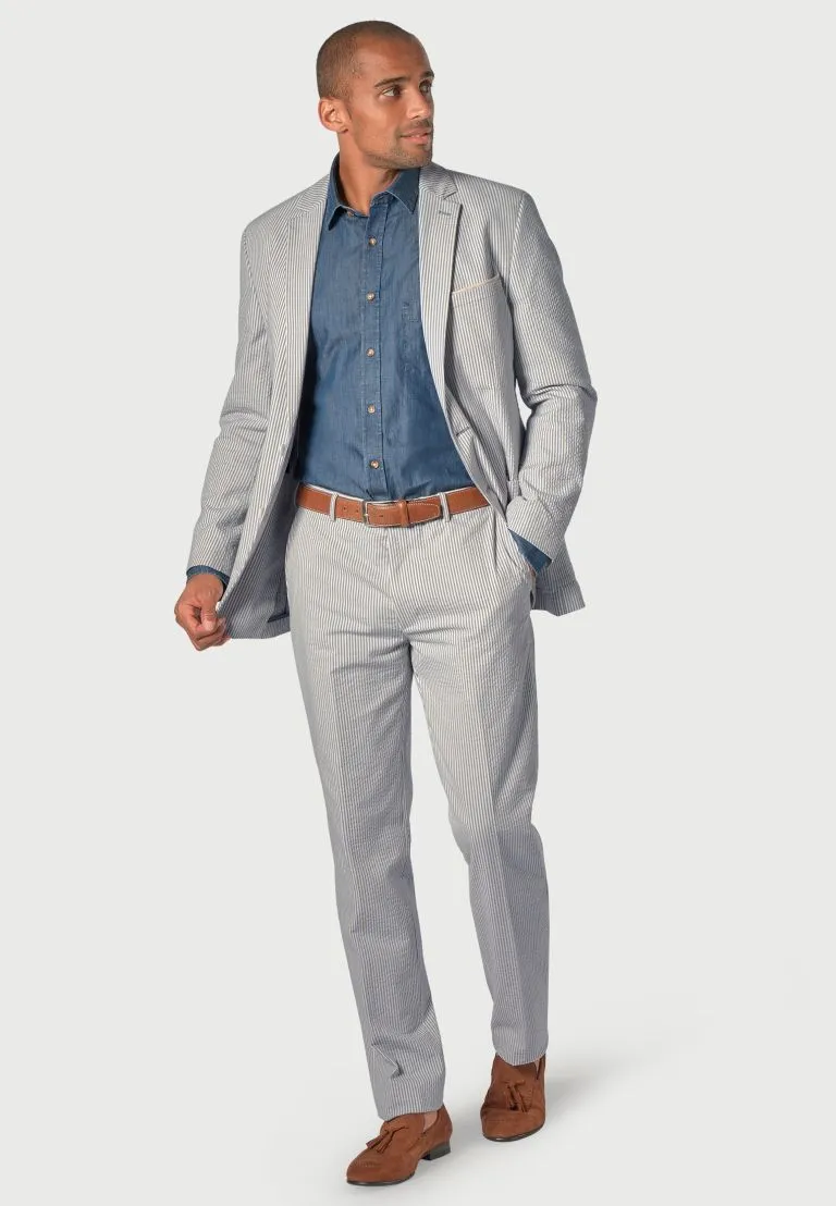 Tailored Fit Drewett Blue Stripe Cotton Stretch Seersucker Shorts Suit