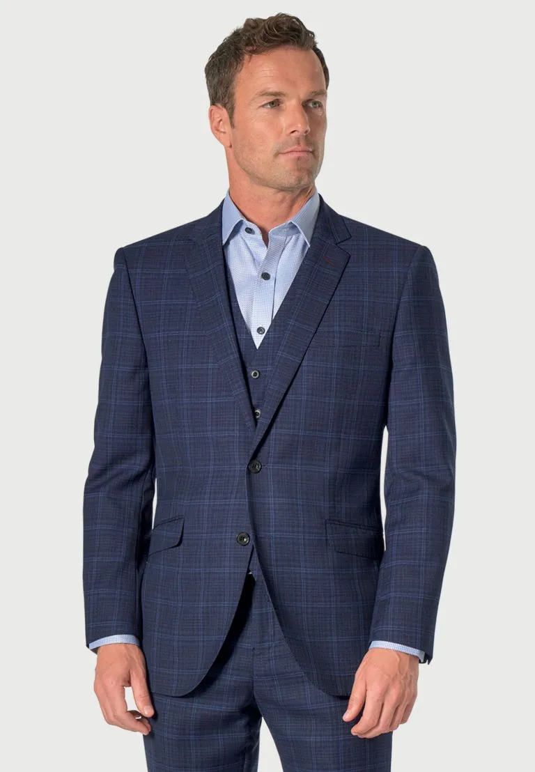 Tailored Fit Rivelin Blue Check Wool Rich Suit - Vest Optional