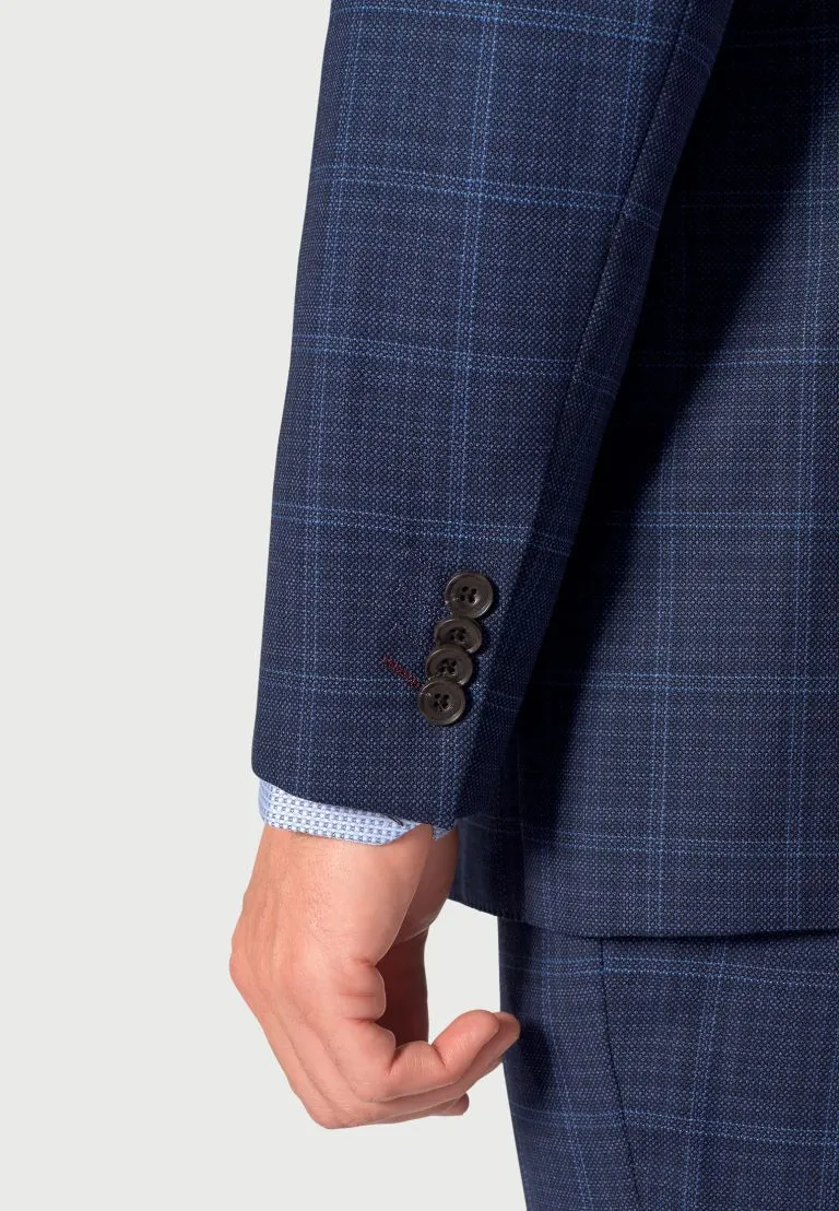 Tailored Fit Rivelin Blue Check Wool Rich Suit - Vest Optional