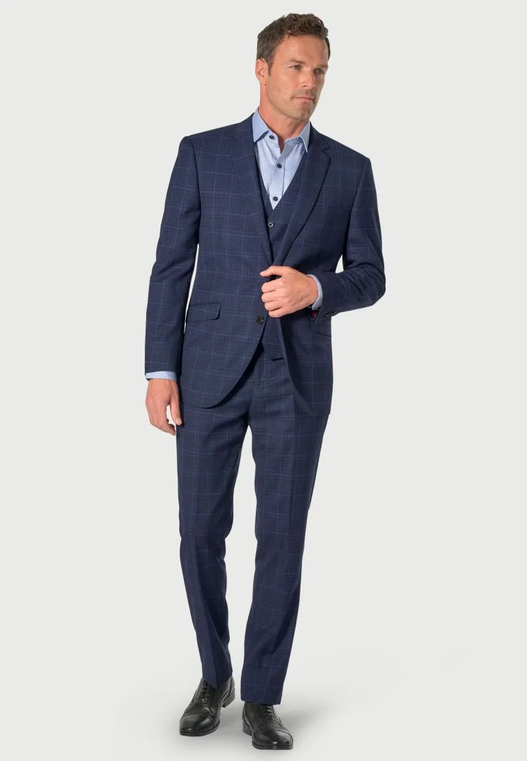 Tailored Fit Rivelin Blue Check Wool Rich Suit - Vest Optional