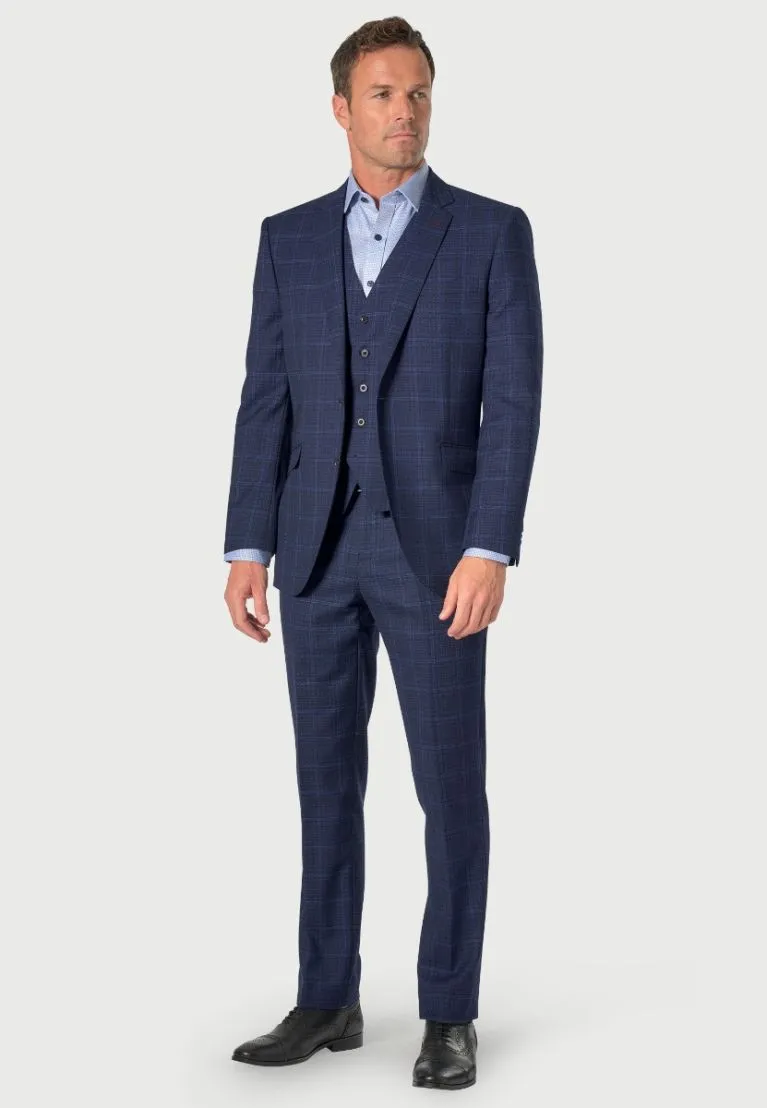 Tailored Fit Rivelin Blue Check Wool Rich Suit - Vest Optional