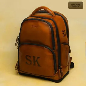 Tan Leather Handmade Backpack with SK Initials by Brune & Bareskin