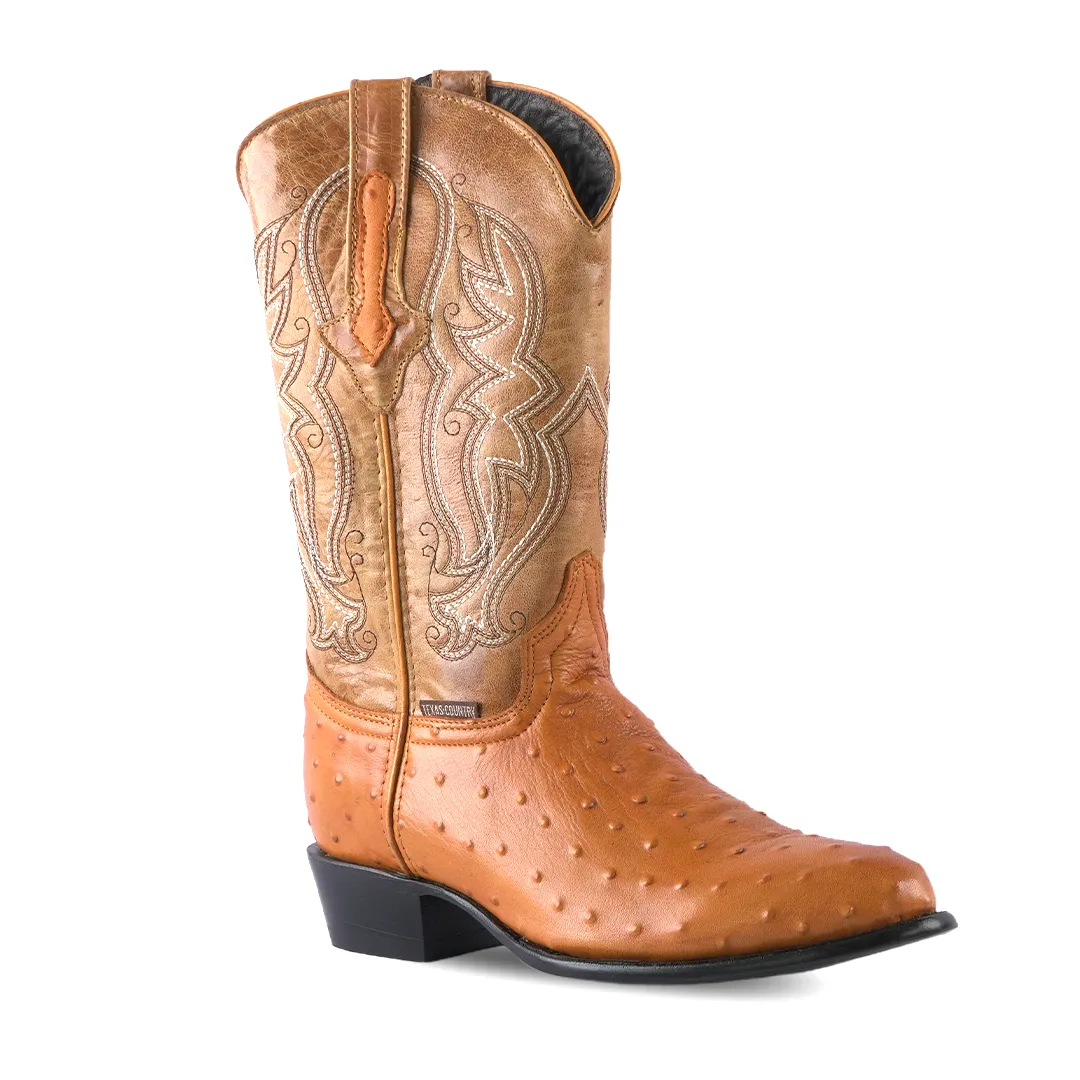 Texas Country Ostrich Print Leather Western Boot Mantequilla Round Toe E436