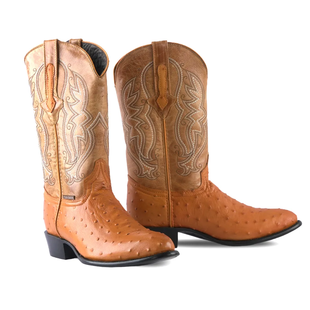 Texas Country Ostrich Print Leather Western Boot Mantequilla Round Toe E436