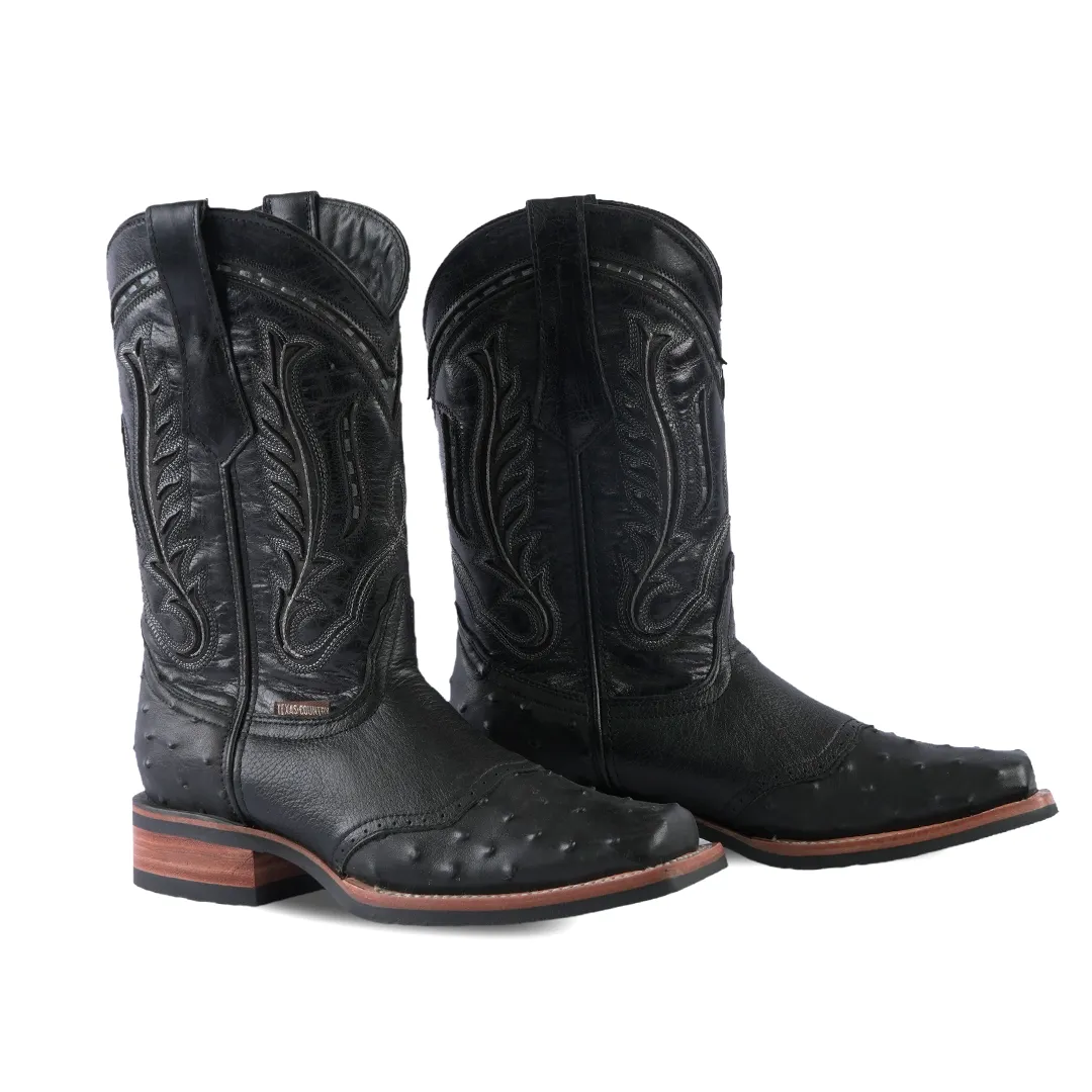 Texas Country  Western Boot Ostrich Print Barcelona Black Rodeo Toe  E408