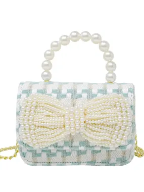 Tweed Pearl Handle Bow Bag - Blue