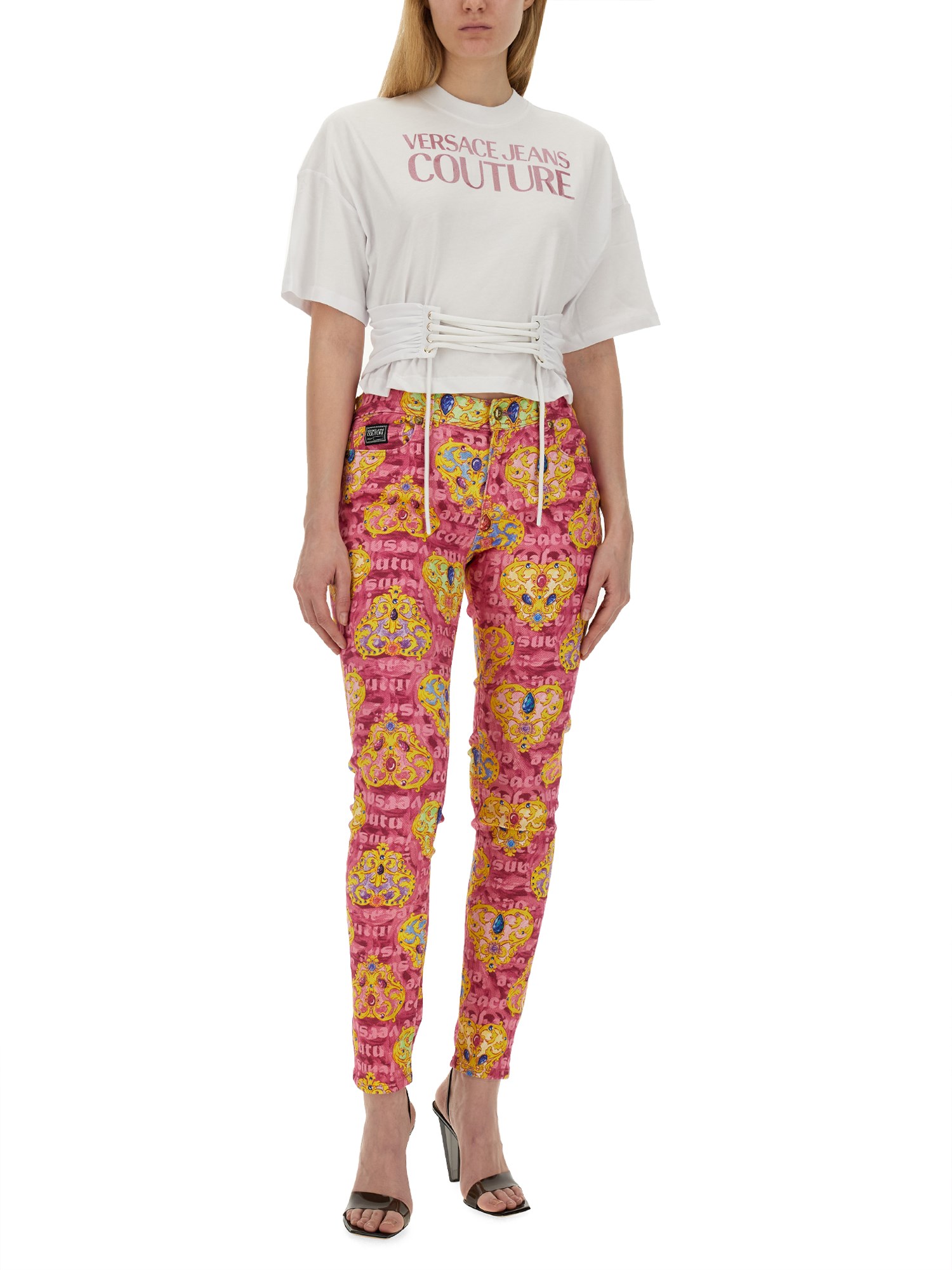 VERSACE JEANS COUTURE    COTTON DENIM SKINNY FIT JEANS WITH CRYSTAL PRINT