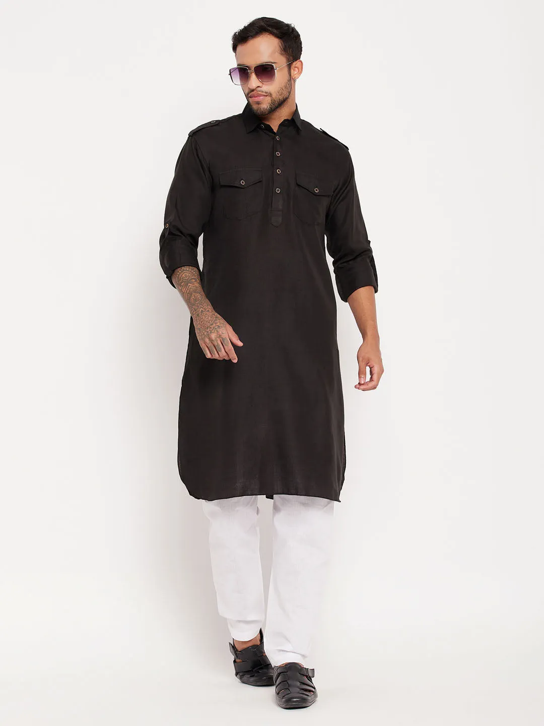 VM BY VASTRAMAY Men's Black And White Cotton Blend Pathani Suit Set