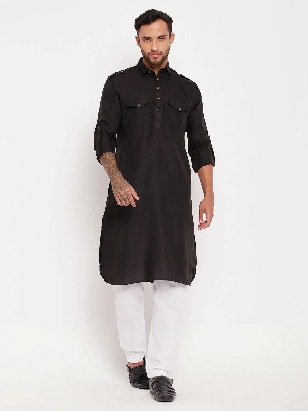 VM BY VASTRAMAY Men's Black And White Cotton Blend Pathani Suit Set