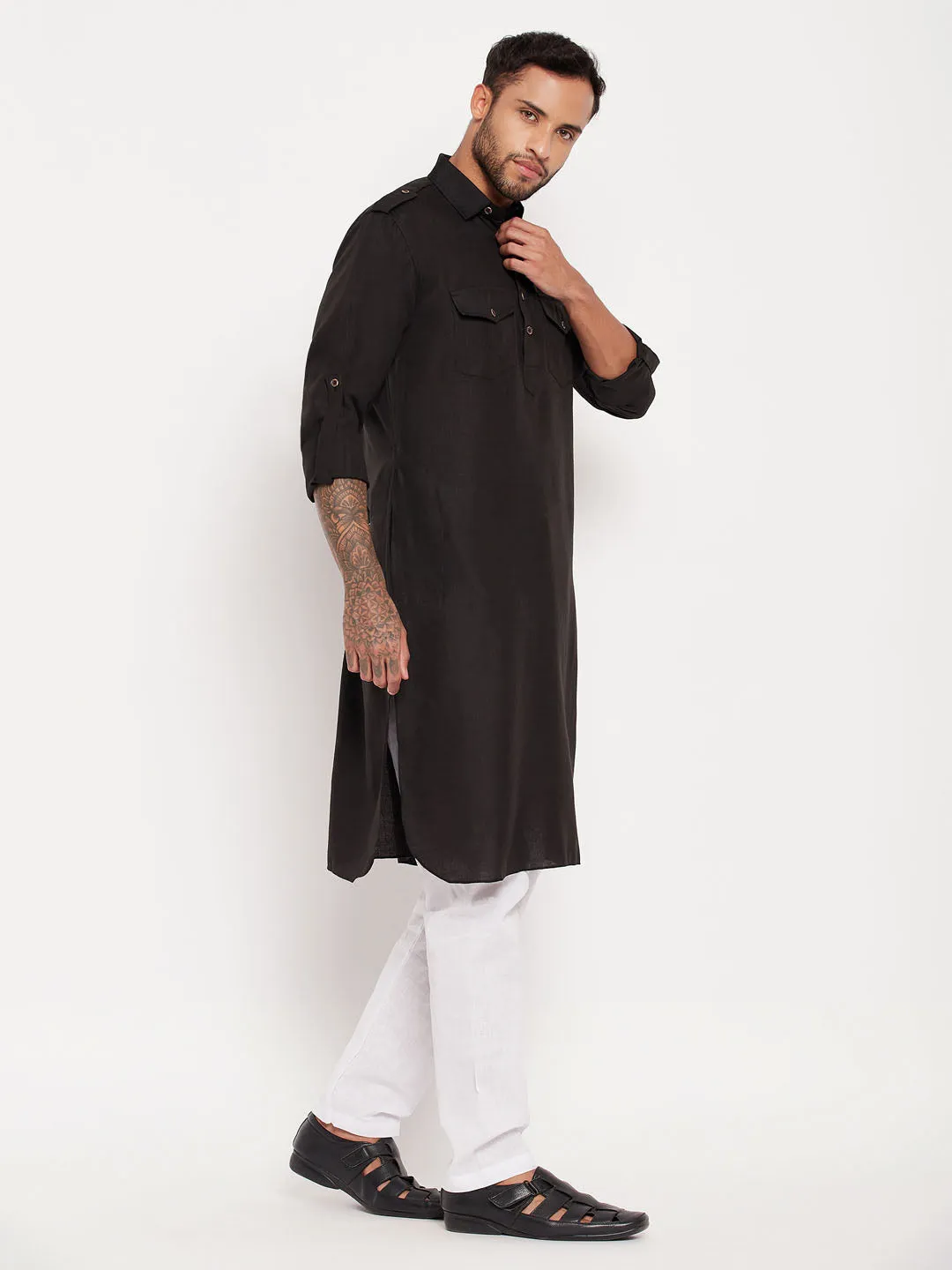 VM BY VASTRAMAY Men's Black And White Cotton Blend Pathani Suit Set