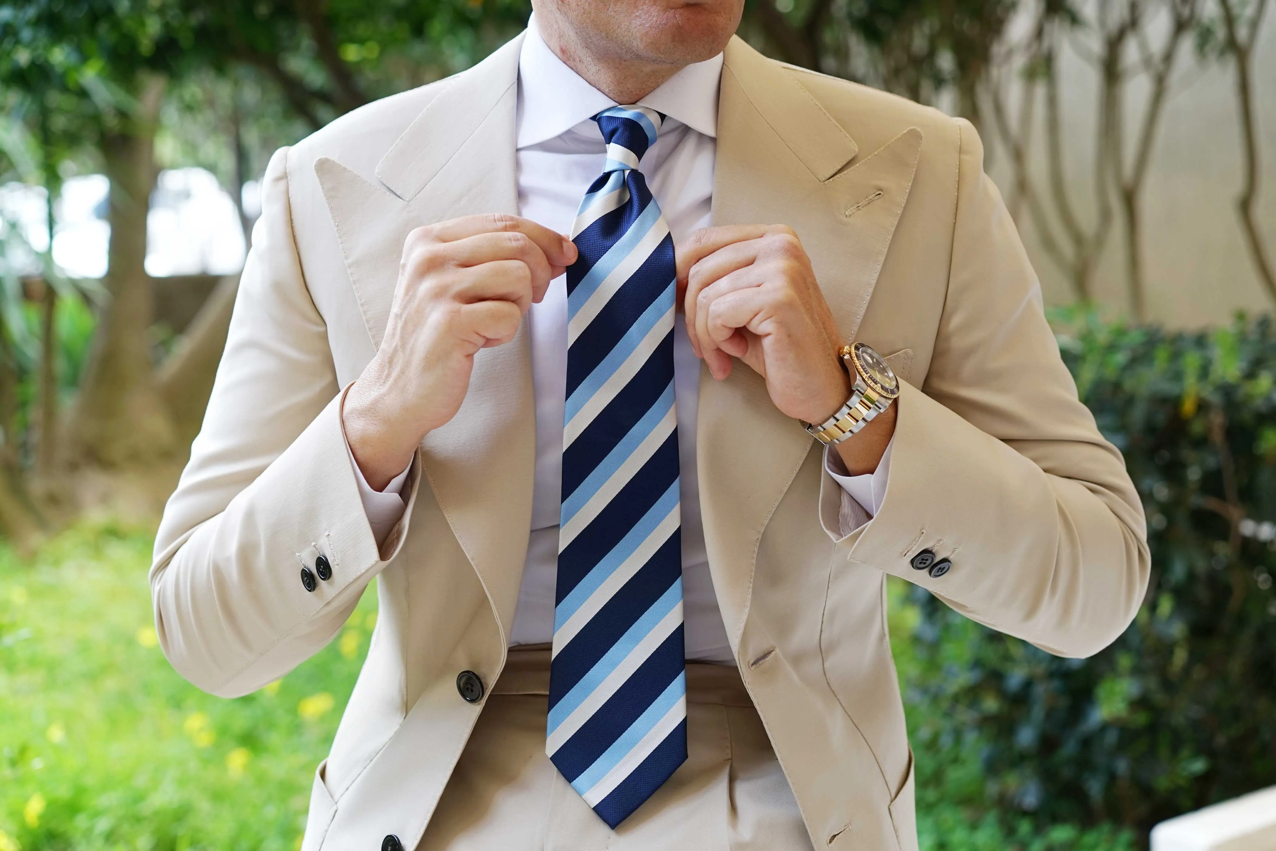 White Navy and Light Blue Striped Tie