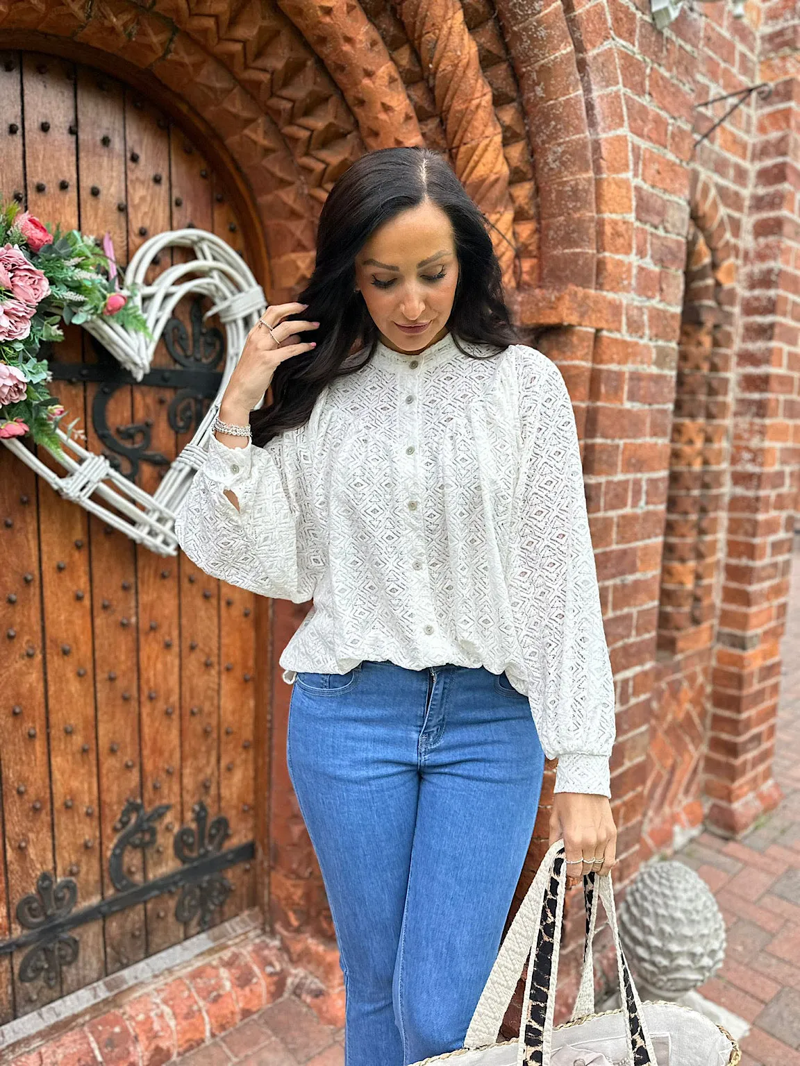 White Patterned Balloon Sleeve Blouse Sasha