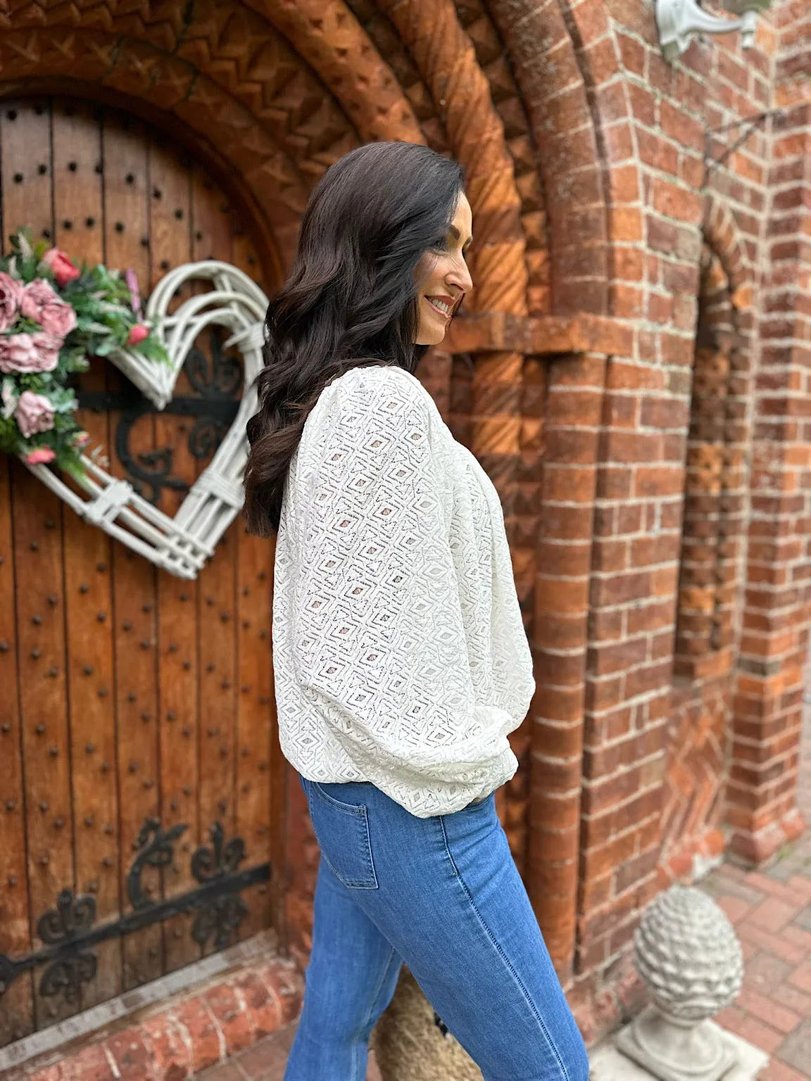 White Patterned Balloon Sleeve Blouse Sasha