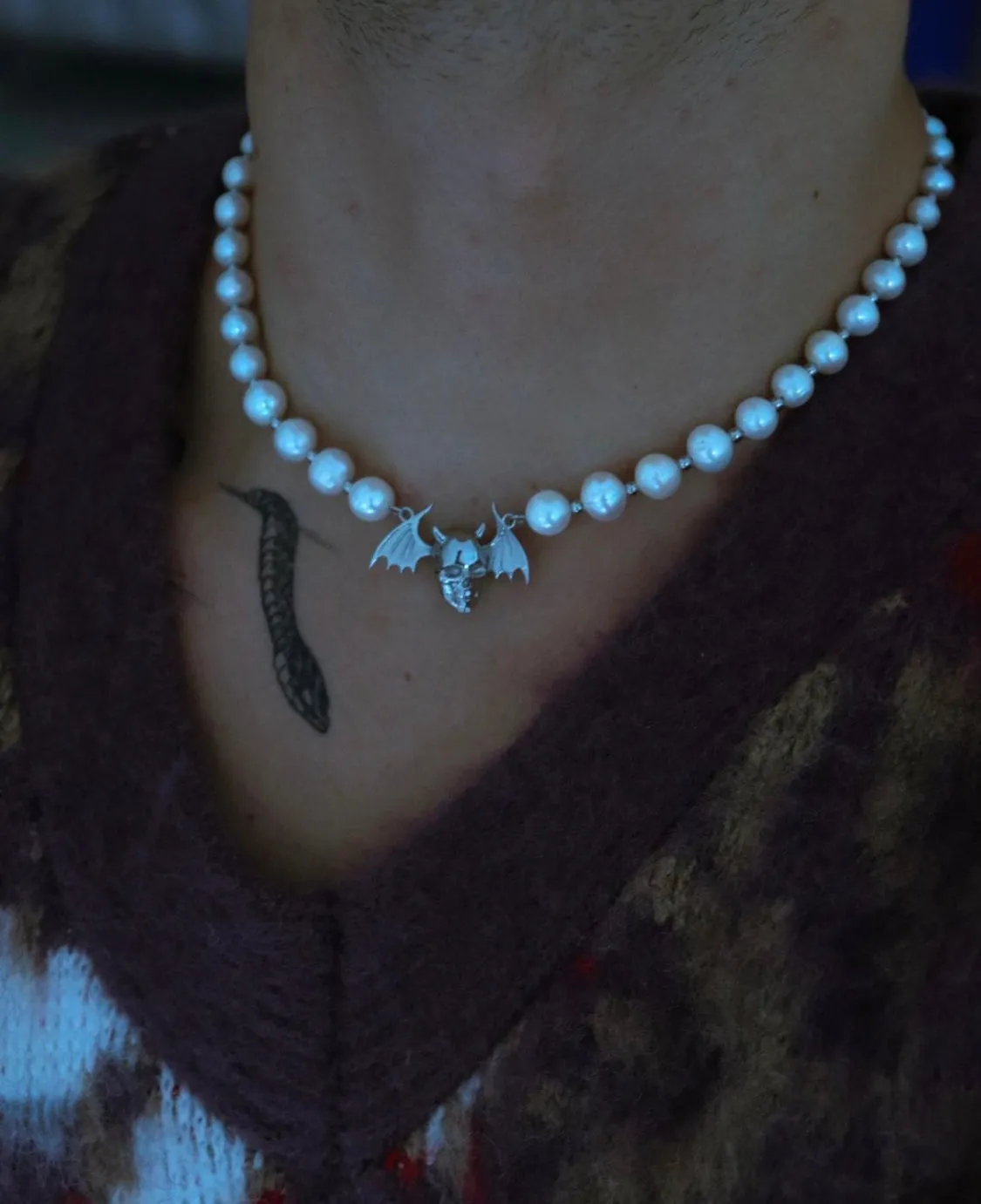 Winged Skull Pearl Necklace