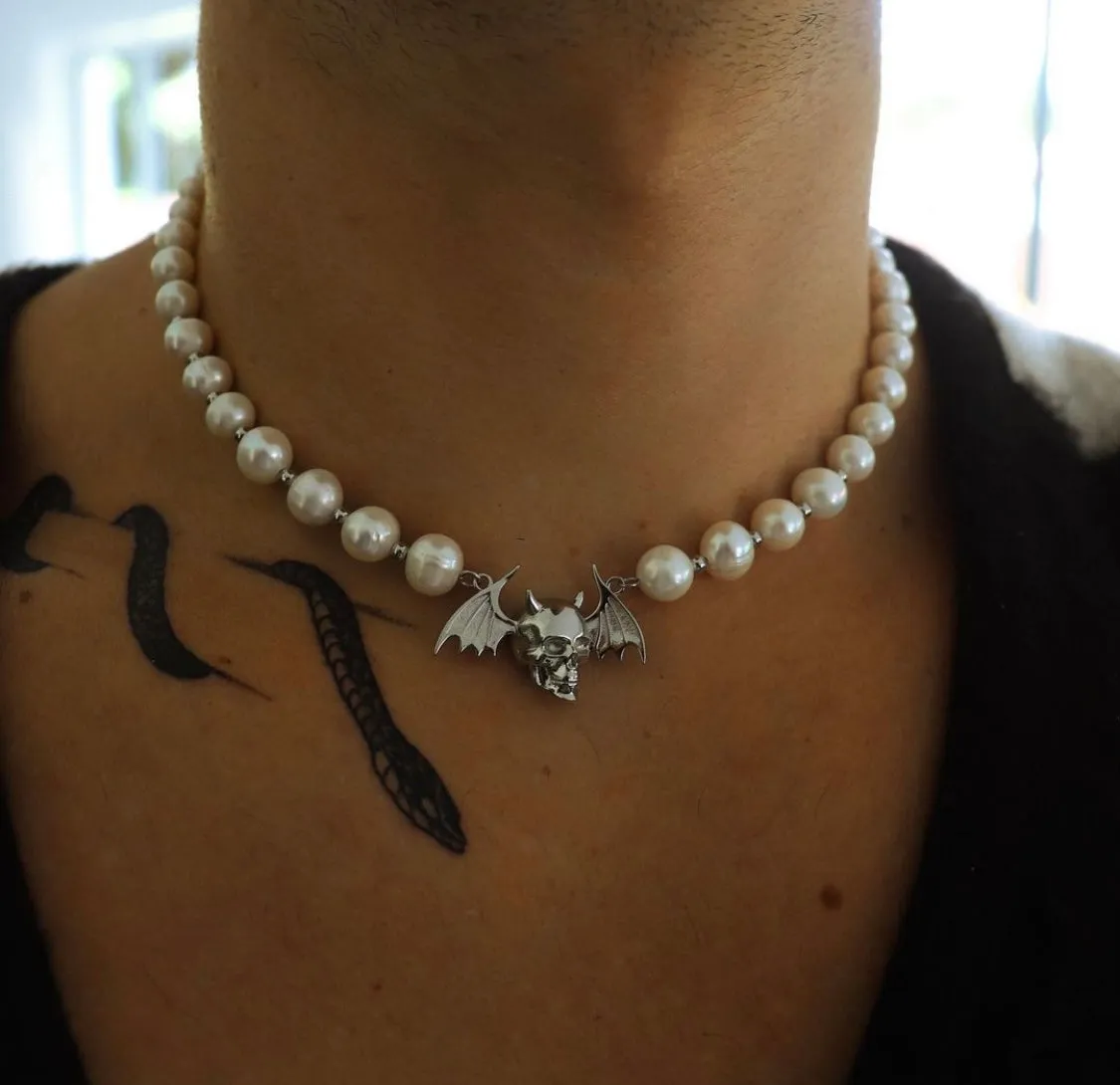 Winged Skull Pearl Necklace