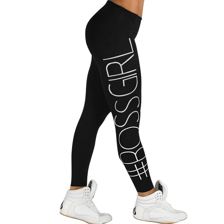 Women Leggings Fitness Mid Waist Elastic Push Up Letter Print Ankle Length Cotton Leggin Casual Femme Leggings