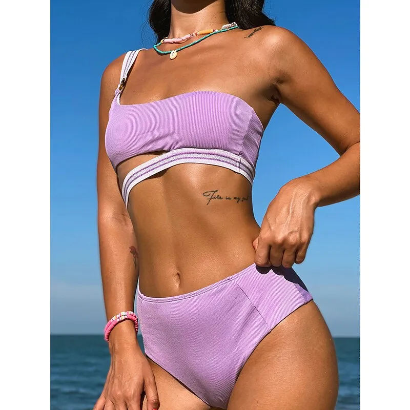 Women's Brazilian Style Solid Color Bandeau One Shoulder Bathing Swimsuit