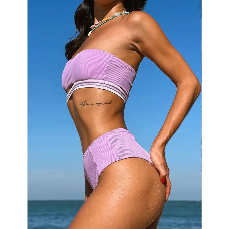 Women's Brazilian Style Solid Color Bandeau One Shoulder Bathing Swimsuit