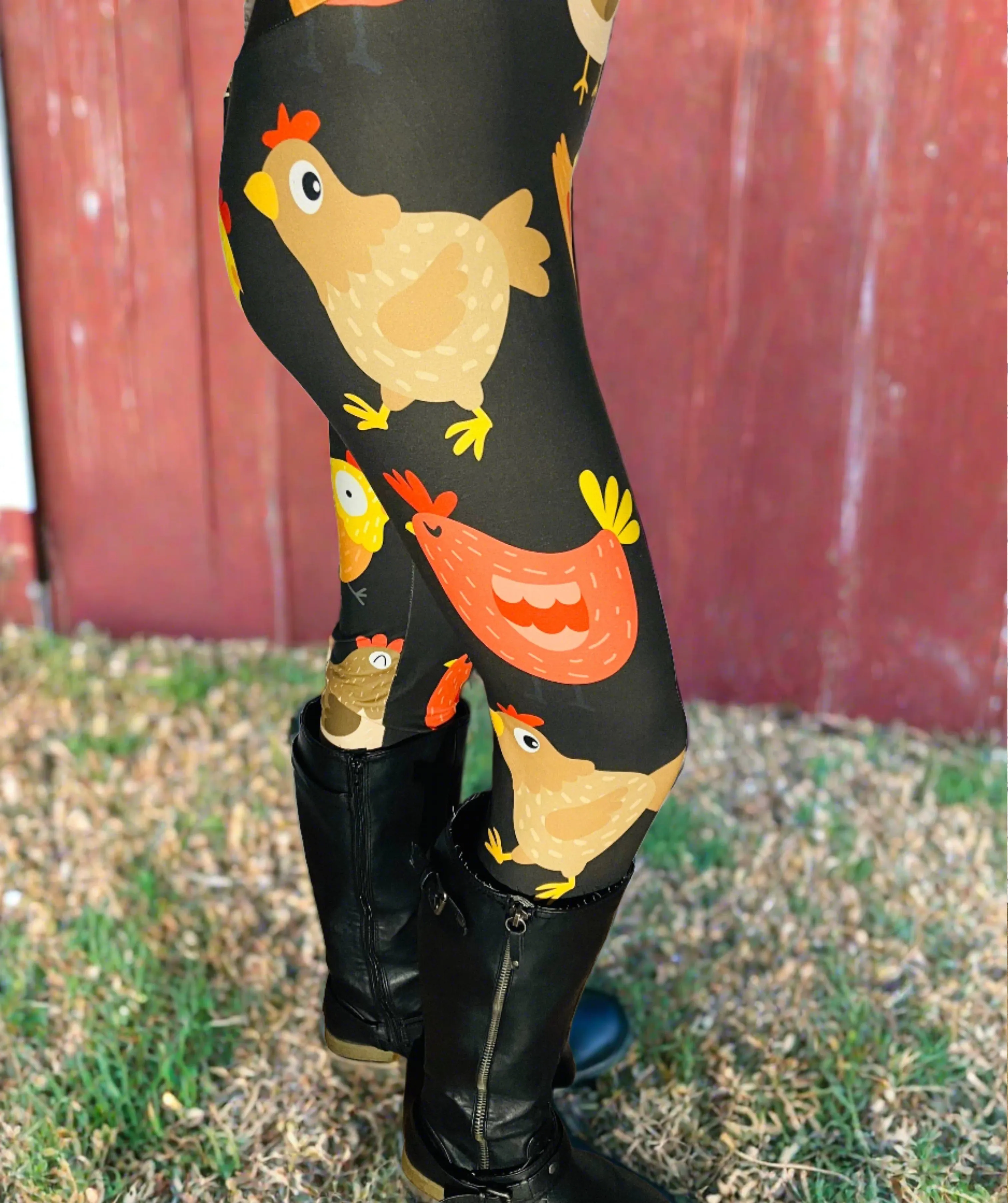 Womens Chicken Rooster Leggings, Soft Yoga Pants, Sizes 0-22, Yoga Waist, Black/Yellow, Exclusive Leggings