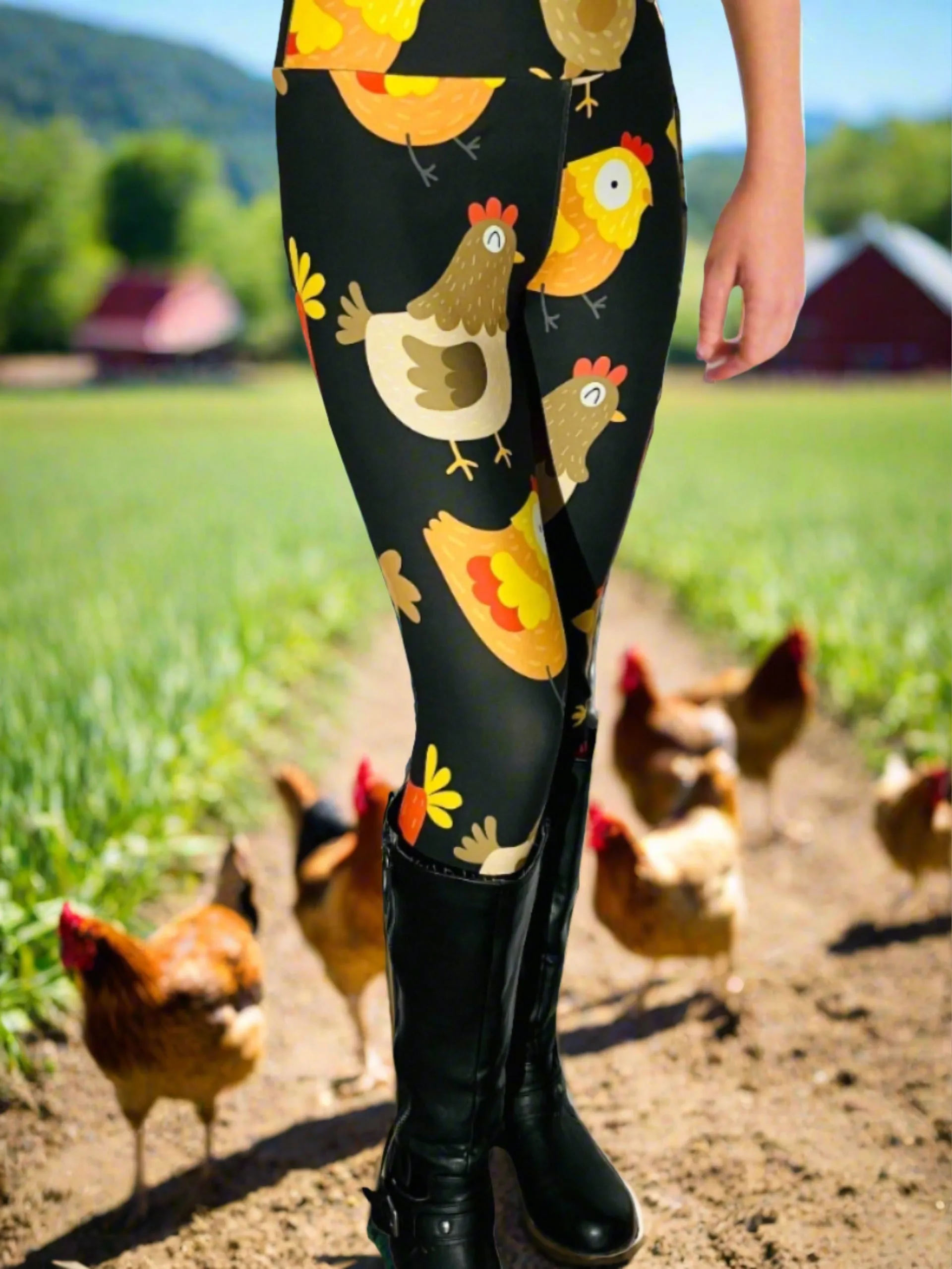 Womens Chicken Rooster Leggings, Soft Yoga Pants, Sizes 0-22, Yoga Waist, Black/Yellow, Exclusive Leggings