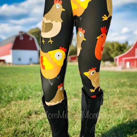 Womens Chicken Rooster Leggings, Soft Yoga Pants, Sizes 0-22, Yoga Waist, Black/Yellow, Exclusive Leggings