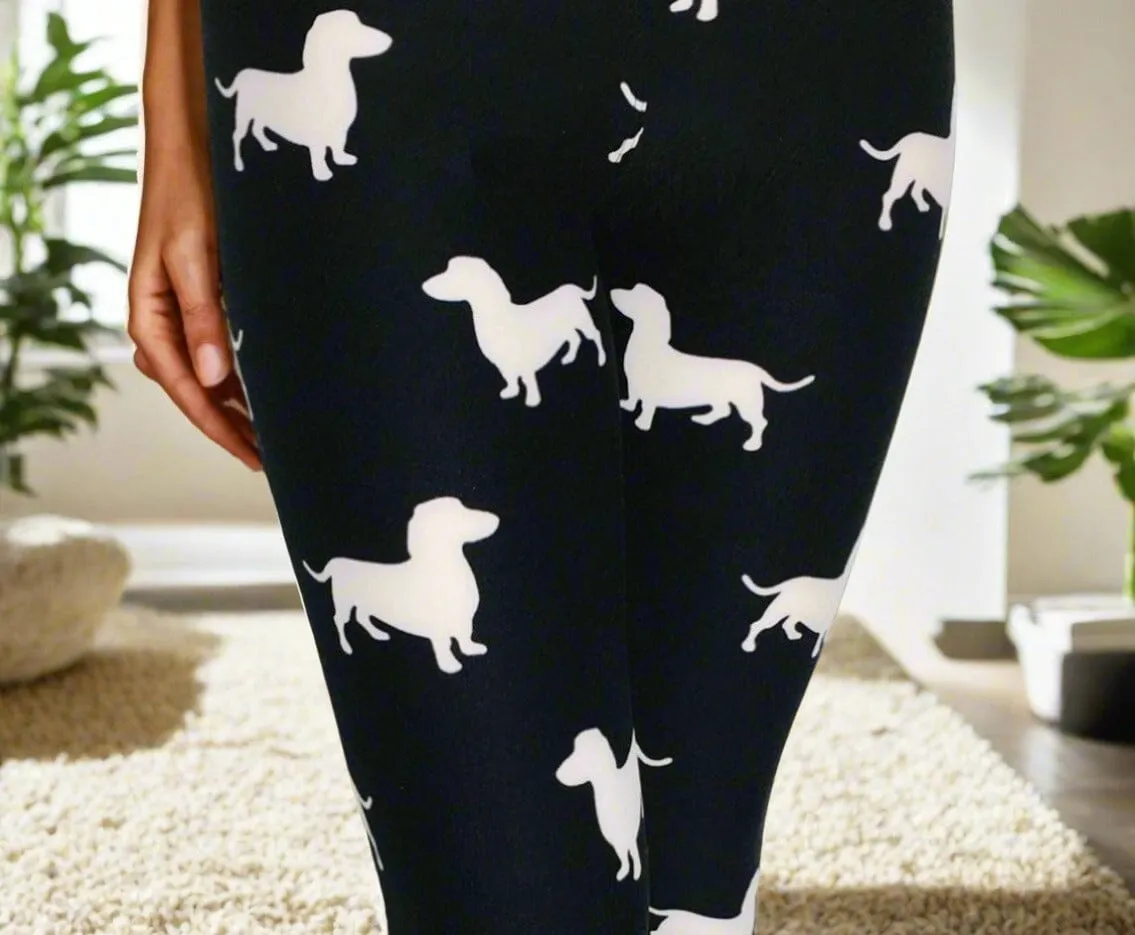 Womens Dachshund Dog Capri Leggings, Soft Yoga Pants, Sizes 0-18, No-Roll Waist, Black/White