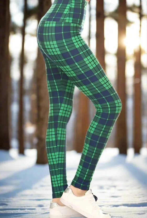 Womens Green Plaid Leggings, Soft Yoga Pants, Sizes 0-20,  Yoga Waist