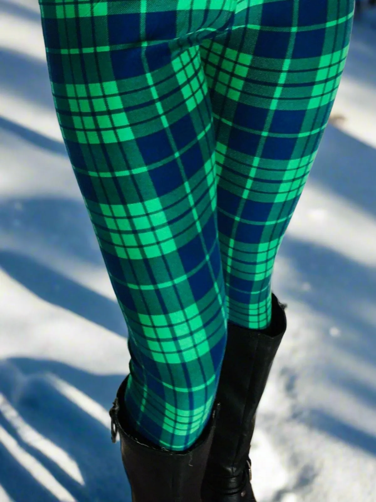 Womens Green Plaid Leggings, Soft Yoga Pants, Sizes 0-20,  Yoga Waist