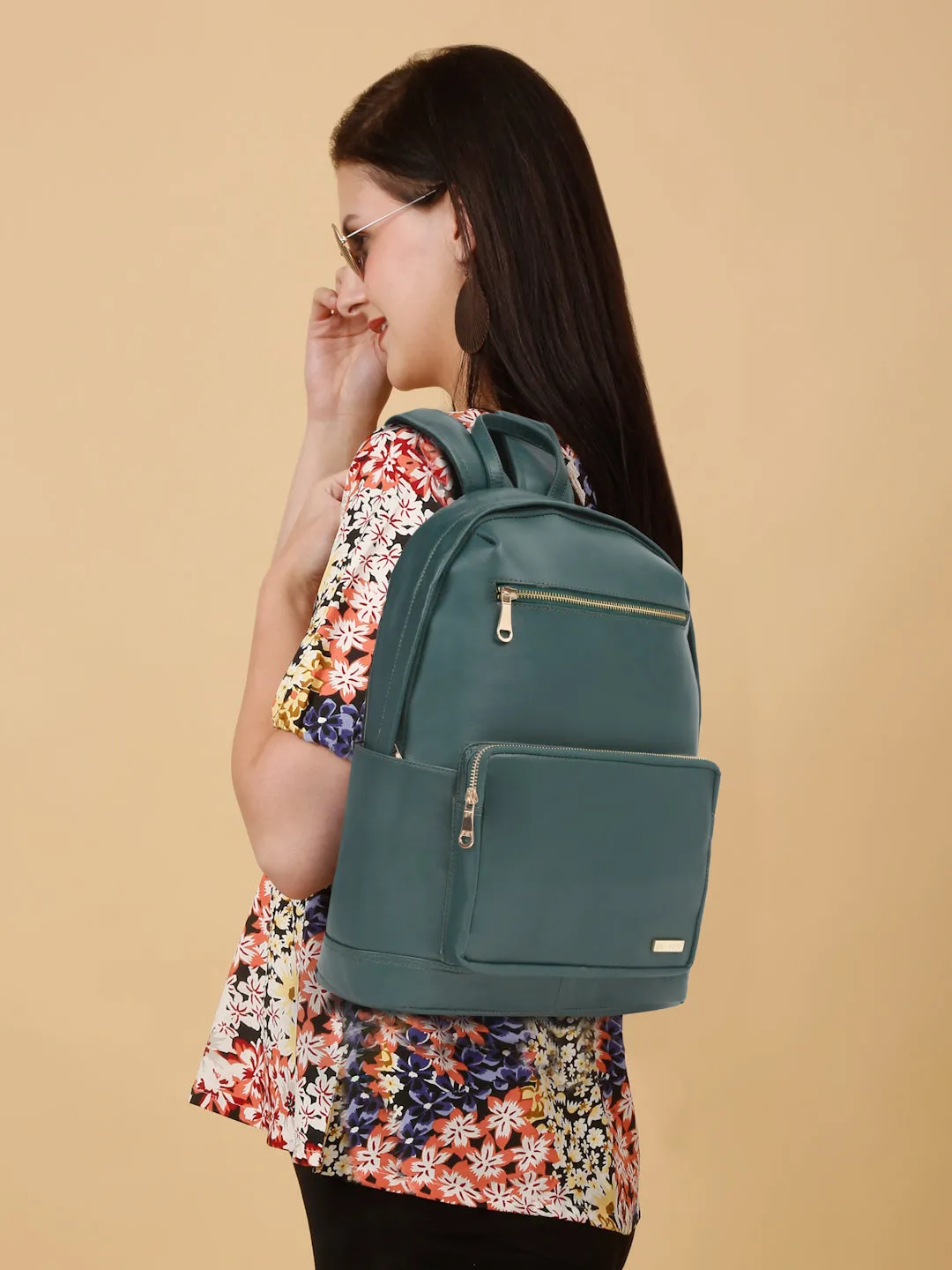 Women's GREEN solid Leather backpack