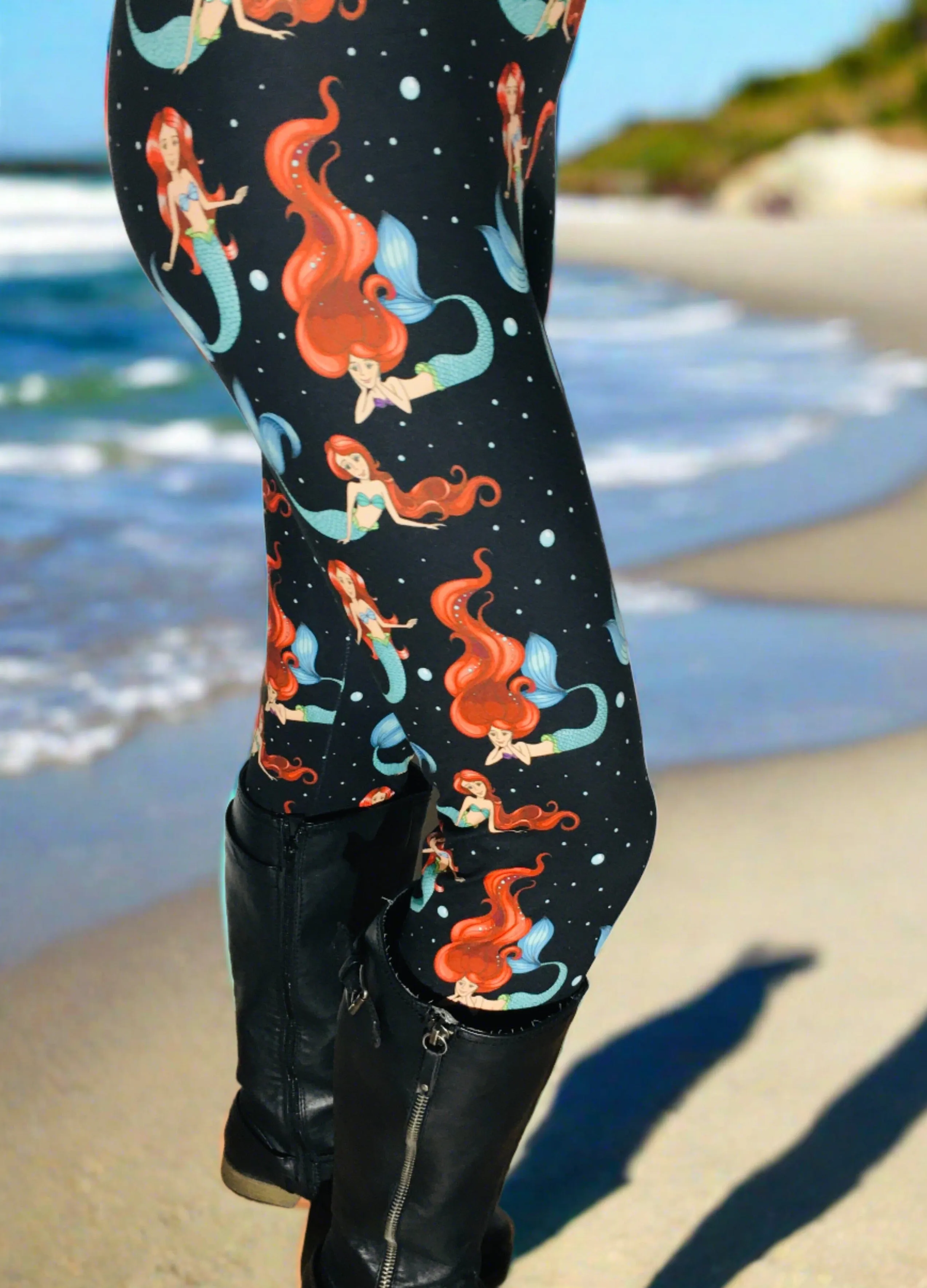 Womens Mermaid Leggings, Soft Yoga Pants, Sizes 0/20, Black/Multi, Yoga Waist