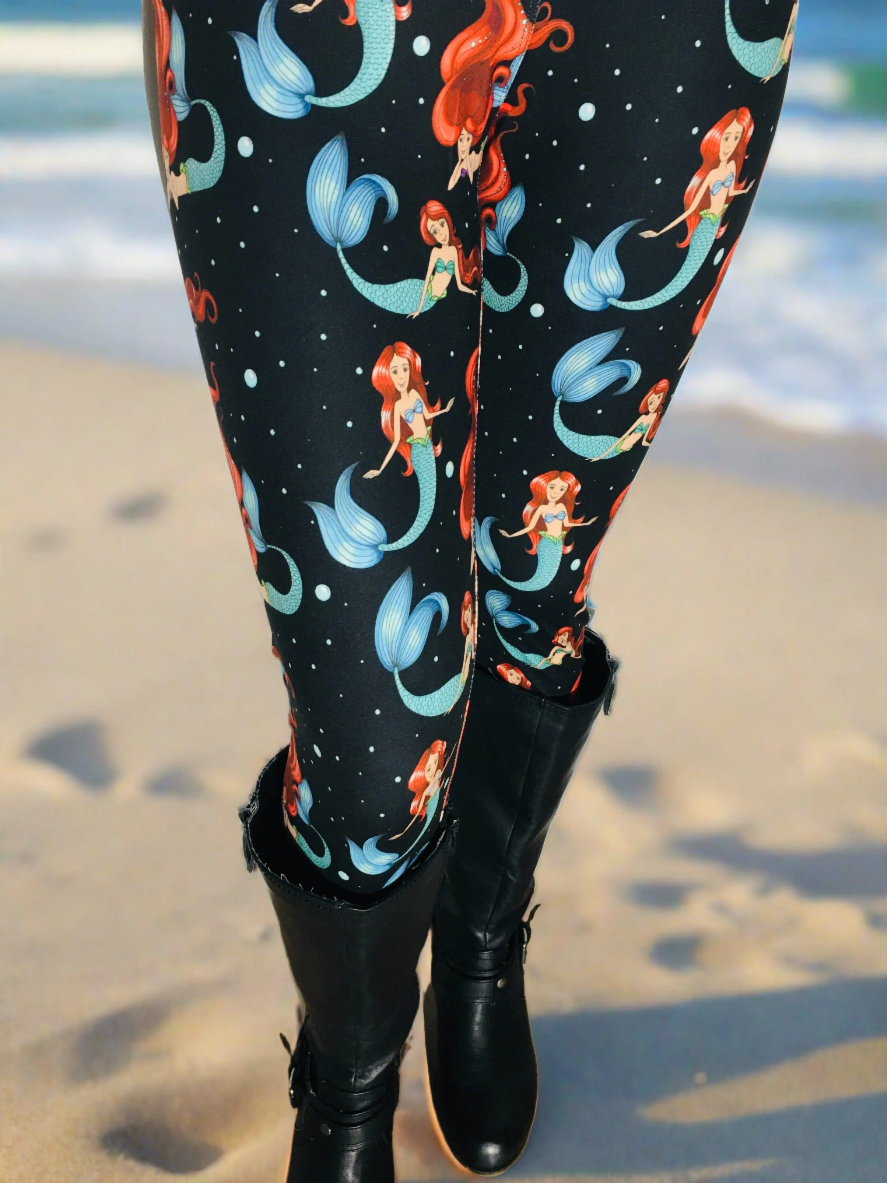 Womens Mermaid Leggings, Soft Yoga Pants, Sizes 0/20, Black/Multi, Yoga Waist