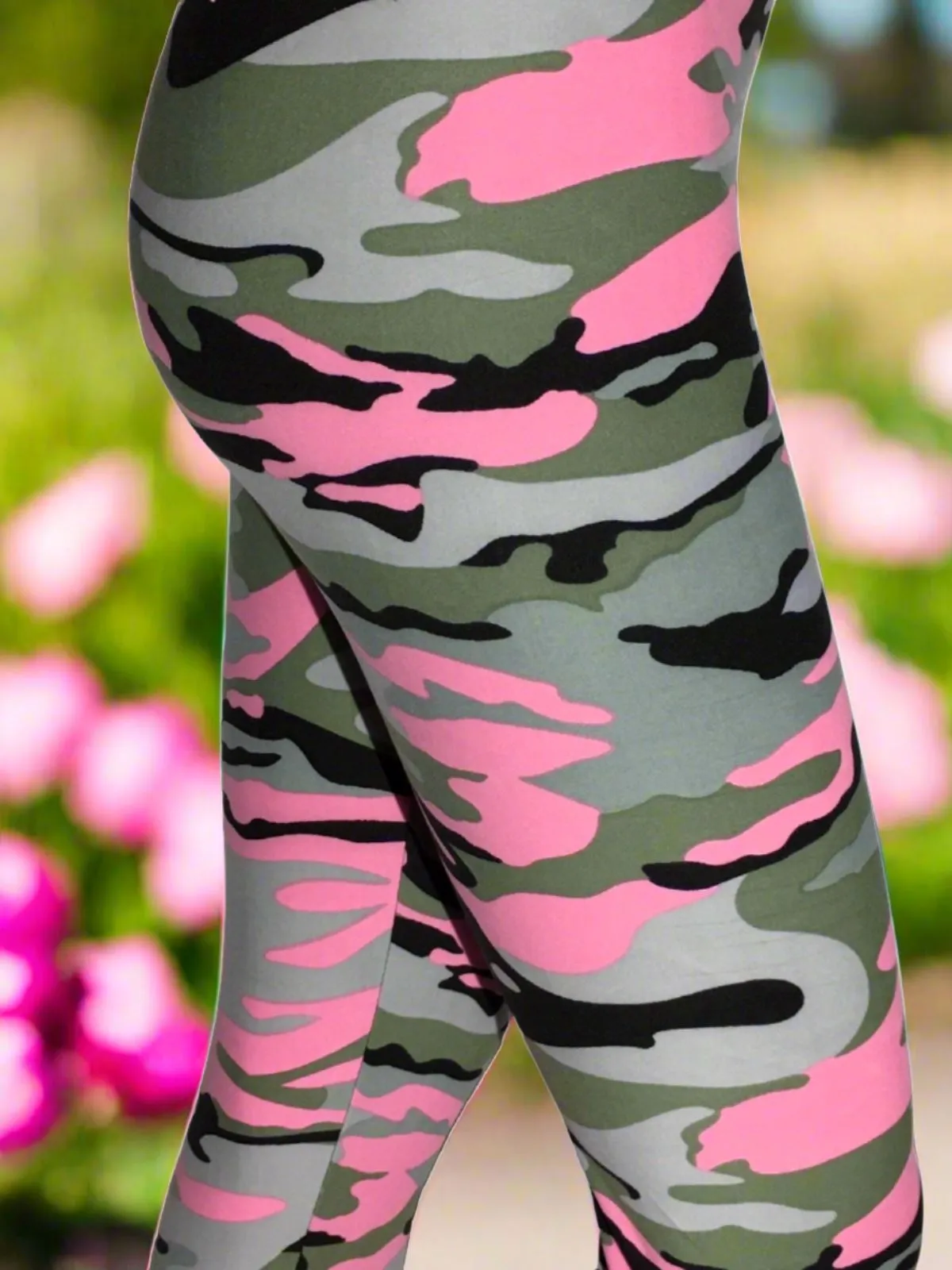 Womens Pink Camouflage Leggings, Soft Yoga Pants, Sizes 18-22, No-Roll Waist, Pink/Gray