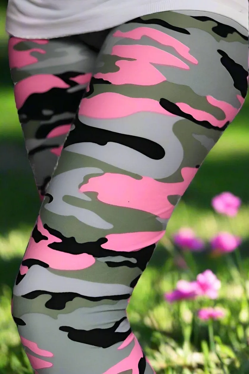 Womens Pink Camouflage Leggings, Soft Yoga Pants, Sizes 18-22, No-Roll Waist, Pink/Gray