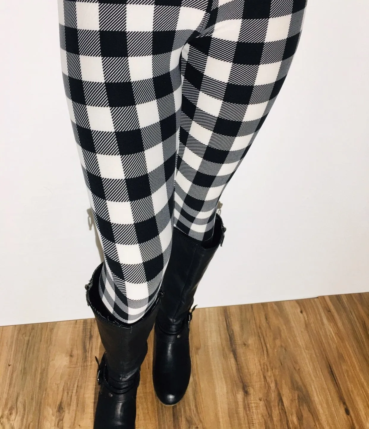 Womens Plaid Leggings | XPlus Black White Plaid Leggings | Yoga Pants | Footless Tights | Elastic No-Roll Waistband