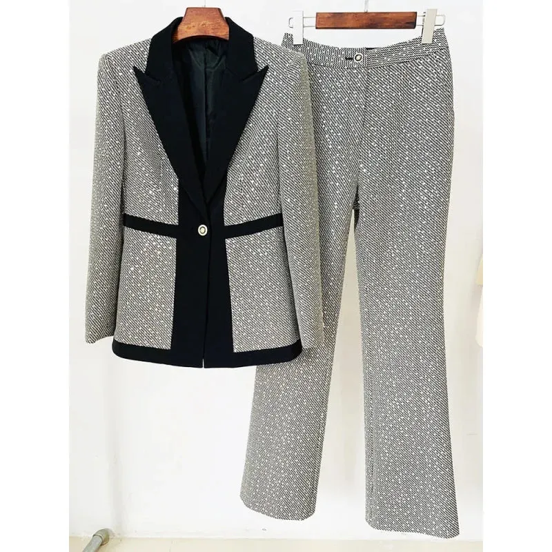 Women's Polyester Slim Fit Sequined Blazer Flare Pants Two Piece Suit