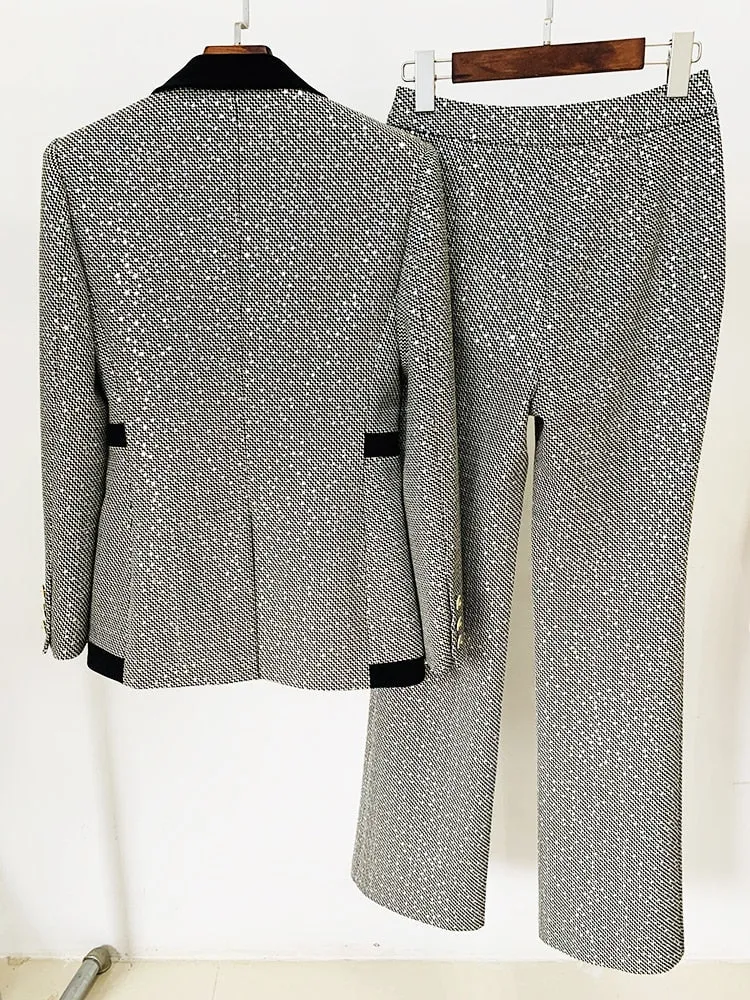 Women's Polyester Slim Fit Sequined Blazer Flare Pants Two Piece Suit