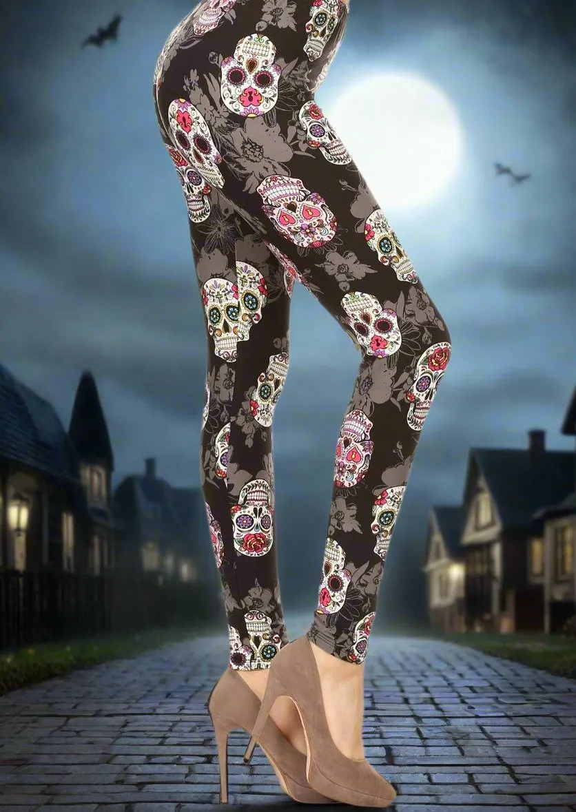 Womens Skull Leggings | Sugar Skull Leggings | Yoga Pants | Footless Tights | Yoga Waistband