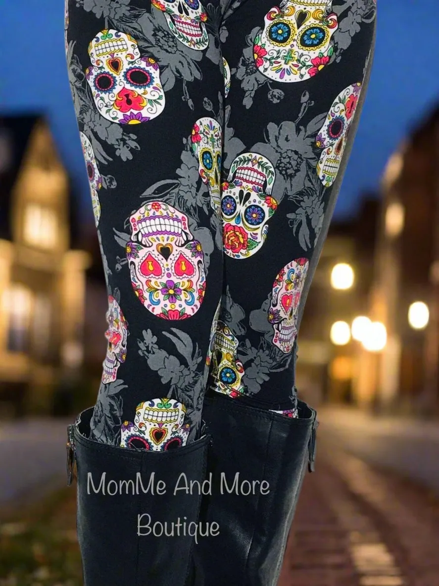 Womens Skull Leggings | Sugar Skull Leggings | Yoga Pants | Footless Tights | Yoga Waistband