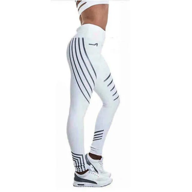 Workout Black Women Leggings Fitness High Waist Elastic Push Up Striped Patchwork Ankle Length Spandex Leggings