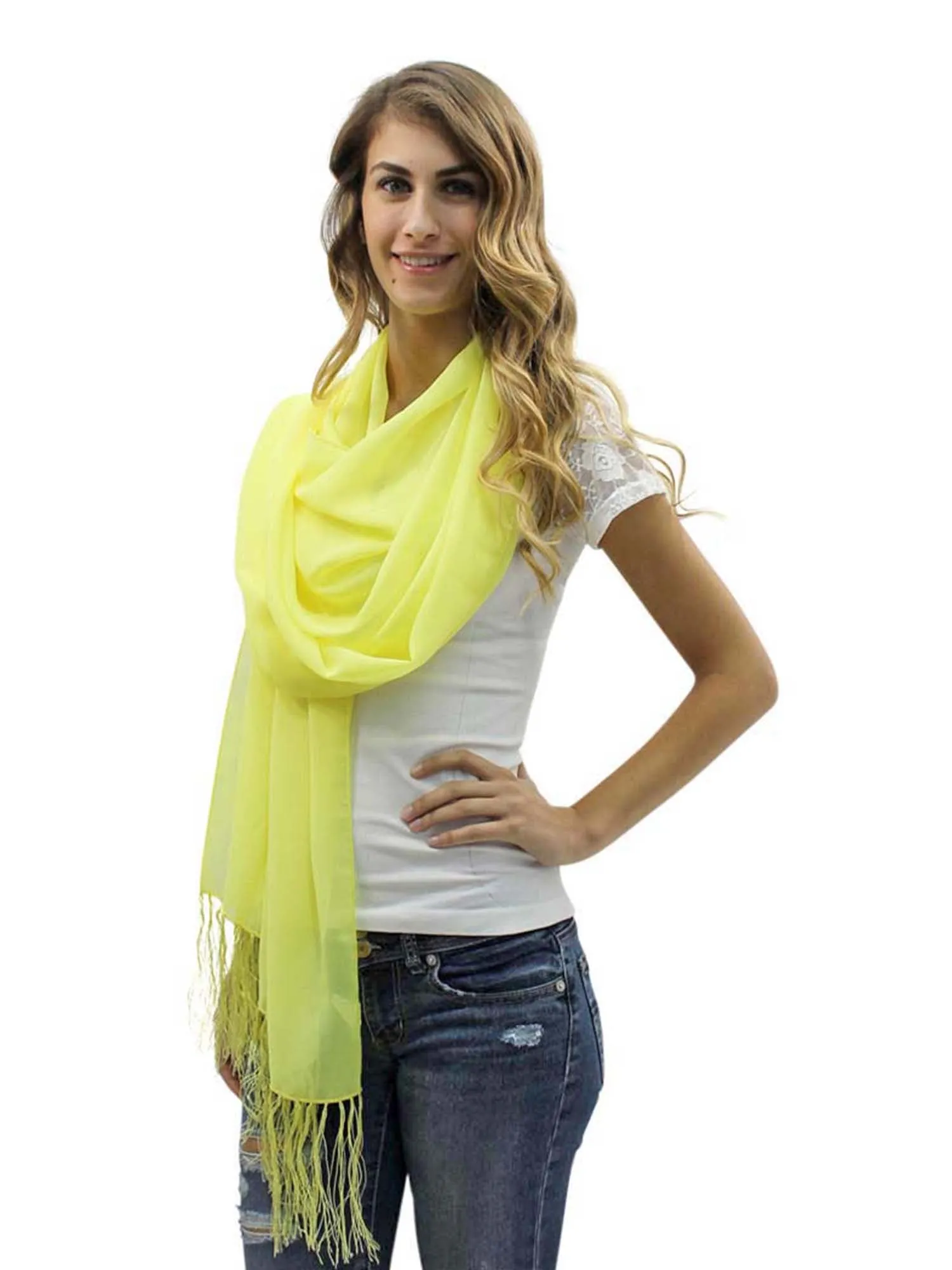 Yellow Long Shear Georgette Shawl With Fringe