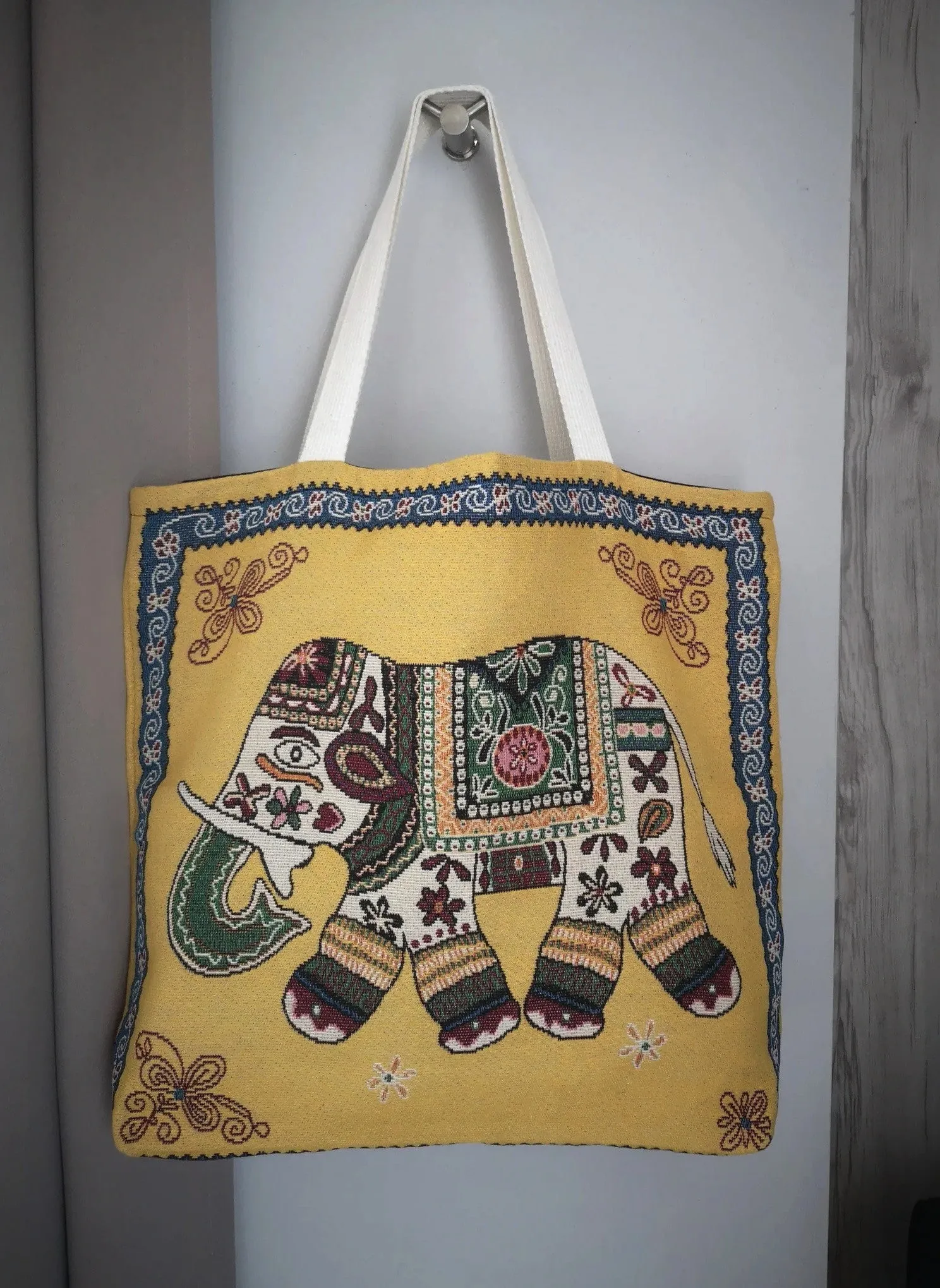 Yellow Mustard Elephant Tapestry Bag