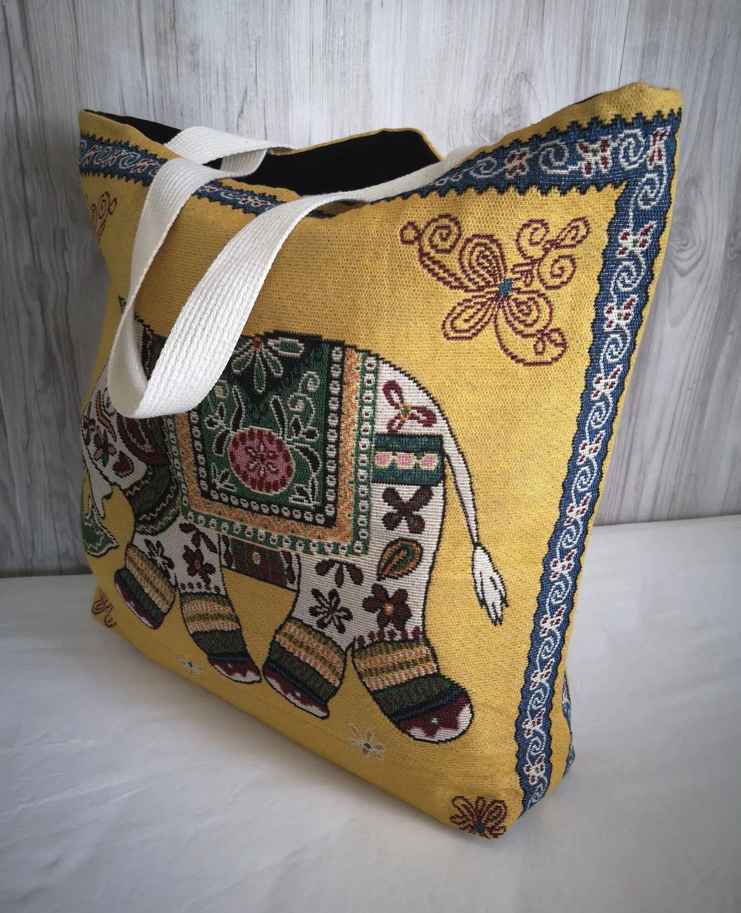 Yellow Mustard Elephant Tapestry Bag